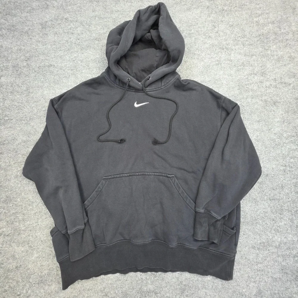 Nike Hoodie Women L Black Oversized Center Swoosh Fleece Baggy 90s Hoops